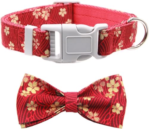 Halti Hundehalsband mit Blumenmuster und abnehmbarer Fliege, niedlich, personalisierbar, Welpenhalsband für kleine und mittelgroße Jungen, Mädchen, Hunde, Haustiergeschenke (rotes Set, M) von YTBHSHXZ