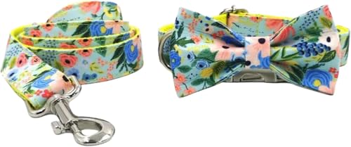 Halti Hundehalsband und Leine, modisches Design, verstellbares Hundehalsband mit Fliege und Schnellverschluss-Metallschnalle, verdrehsichere Leine (blaue Blumen, S) von YTBHSHXZ