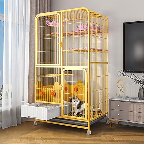 Katzenlaufstall for den Innenbereich mit Katzentoilette, Katzenkäfige, Katzenkiste mit Rädern, Metallkäfig for Kätzchen, Kleintiere – for Kleintierwelpen, Kätzchen, Häschen(Giallo,78x55x138cm) von YTBHSHXZ
