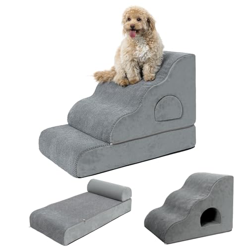 Hundetreppe für kleine Hunde, 50 cm hoch, 4-stufige Hundetreppe für Hochbett, hochdichter Schaumstoff, gebogene Haustiertreppe mit rutschfestem, abnehmbarem, waschbarem Bezug, um aufs Bett zu steigen von YU YUSING