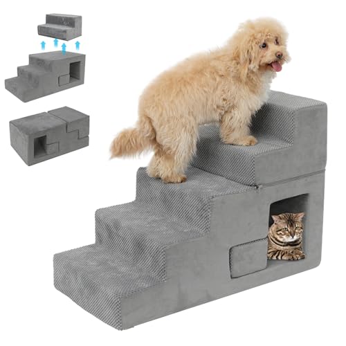 Hundetreppe für kleine Hunde, 58,4 cm hoch, 5-stufige Hundetreppe für Hochbett, hochdichter Schaumstoff, Haustiertreppe mit rutschfestem, abnehmbarem, waschbarem Bezug von YU YUSING