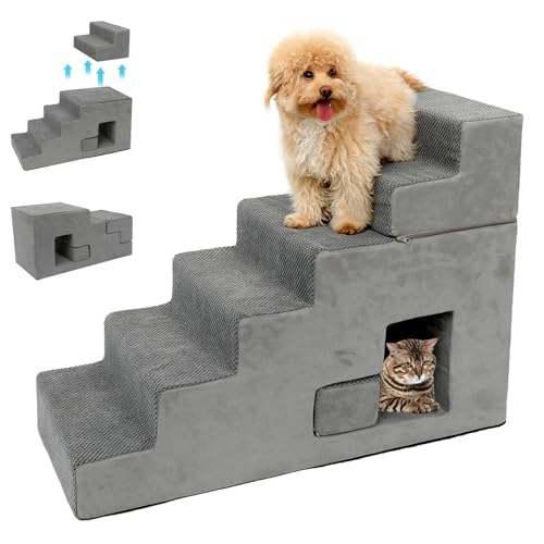 Hundetreppe für kleine Hunde, 68,6 cm hoch, 6-stufige Hundetreppe für Hochbett, hochdichter Schaumstoff, Haustiertreppe mit rutschfestem, abnehmbarem, waschbarem Bezug zum Aufsteigen auf das Bett von YU YUSING