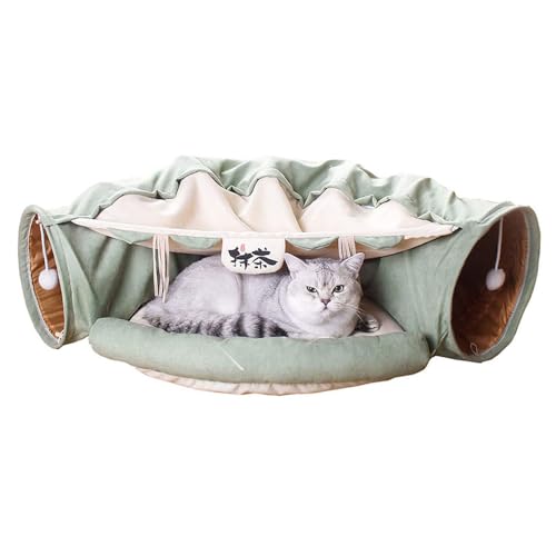 Katzentunnel Und Katzenbett 2 in 1,Katzentunnel Mit Kissenmatte,Weiches Und Gemütliches,Zusammenklappbarer Katze Tunnel Spielzeug (Green) von YUANBAO