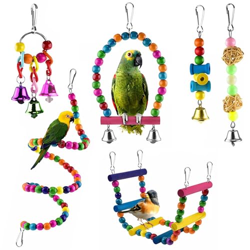 6 Stück Vogelspielzeug, Vogelkäfig-Zubehör aus Holz Papageienspielzeug Vogelschaukel Glocken Kauspielzeug für Sittiche Wellensittiche Nymphensittiche von YUDAWN