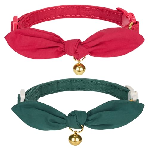 Katzenhalsbänder, Baumwollfliege mit Glöckchen, Schnellverschluss-Schnalle, ideal für Weihnachten, weiches und bequemes Baumwollmaterial in Rot und Grün, 2 Stück von YUDOTE