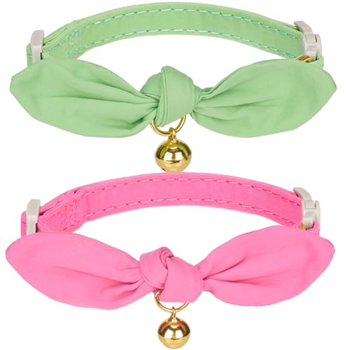 Katzenhalsbänder, Baumwollfliege mit Glöckchen, Schnellverschluss-Schnalle, weiches und bequemes Baumwollmaterial in Salbeigrün und Fuchsia, 2 Stück von YUDOTE