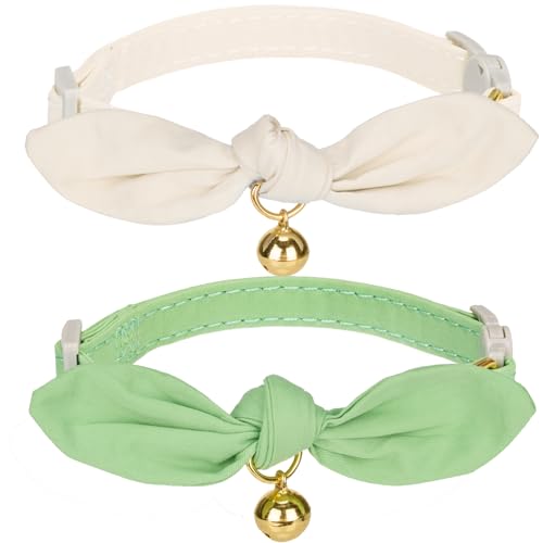 Katzenhalsbänder, Baumwollfliege mit Glöckchen, Schnellverschluss-Schnalle, weiches und bequemes Baumwollmaterial in Salbeigrün und Weiß, 2 Stück von YUDOTE