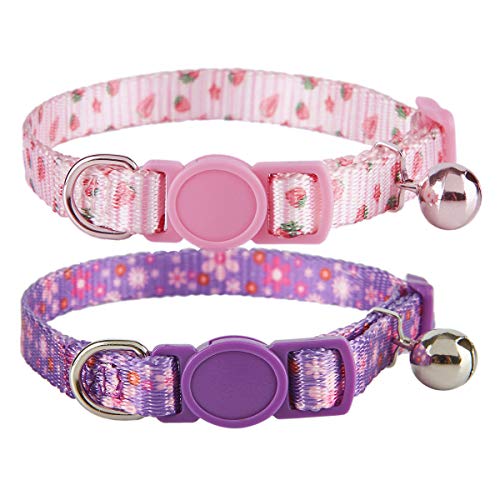 YUDOTE Breakaway Katzenhalsband mit Glöckchen, verstellbar, Blumenmuster, niedlich, Sicherheit, lila, rosa, Kätzchen-Erdbeer-Halsband, 2 Stück YUDOTE Breakaway Katzenhalsband mit Glöckchen, verstellbar, Blumenmuster, niedlich, Sicherheit, lila, rosa, Kätzchen-Erdbeer-Halsband, 2 Stück von YUDOTE