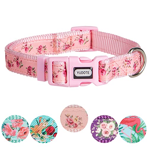 YUDOTE Verstellbares Rosa Nylon-Hundehalsband Mittel mit Blume Gemustertem Band für Aktive Hündin Nackengröße 31-49cm von YUDOTE