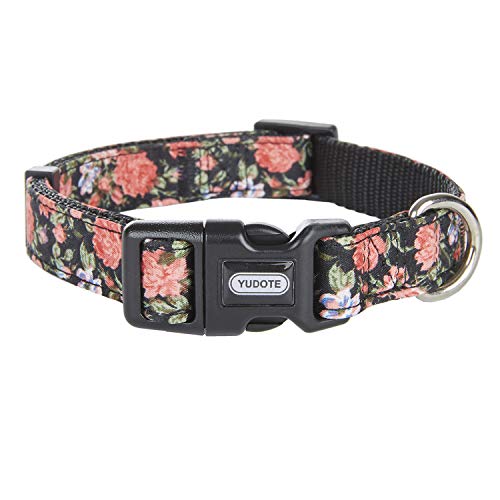 YUDOTE Hundehalsband mit Blumenmuster, starkes schwarzes Nylon mit weich bedrucktem Pfingstrosen-Blumenband, für lebhafte mittelgroße Hündinnen, den täglichen Gebrauch von YUDOTE