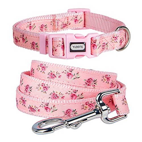 YUDOTE Blumen-Hundehalsband und Leine passendes Set,Starkes Nylon-Halsband,Leine-Kombination für mittel aktiv Hündin täglicher Gebrauch,Blumen-Rosa von YUDOTE