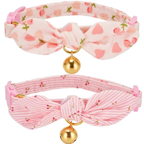 YUDOTE Katzenhalsband aus weicher Baumwolle mit abnehmbarer, handgebundener Fliege, 2 Stück, Kätzchen-Halsbänder mit Schnellverschluss-Schnalle und Glöckchen, für weibliche Katzen, rosa Kirsche von YUDOTE