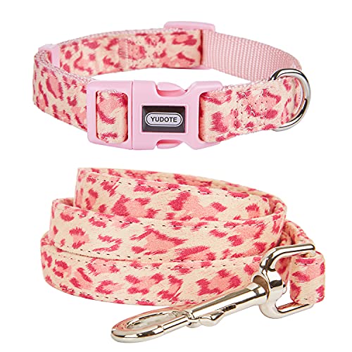 YUDOTE Set aus Hundehalsband und Leine, klein, weich, stark, mit hochwertigem Beflockungsstoff für kleine Rassen tägliches Gehen, rosa Leopardenmuster von YUDOTE