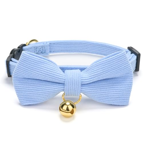 YUDOTE Ultra-weiches Halsband aus natürlichem Baumwollcord für Katzen mit empfindlicher Haut,leichtes Kätzchenhalsband mit Schnellverschluss und Abnehmbarer Schleife,Hellblau,1er Pack von YUDOTE