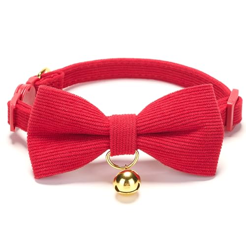 YUDOTE Ultra-weiches Halsband aus natürlichem Baumwollcord für Katzen mit empfindlicher Haut,leichtes Kätzchenhalsband mit Schnellverschluss und Abnehmbarer Schleife,Rot,1er Pack von YUDOTE