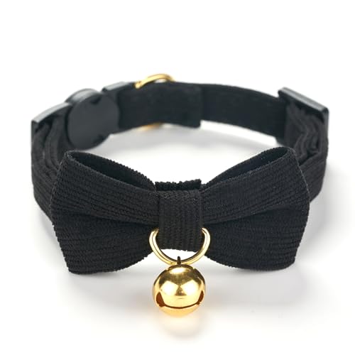 YUDOTE Ultra-weiches Halsband aus natürlichem Baumwollcord für Katzen mit empfindlicher Haut, leichtes Kätzchenhalsband mit Schnellverschluss und Abnehmbarer Schleife, Schwarz, 1er Pack von YUDOTE