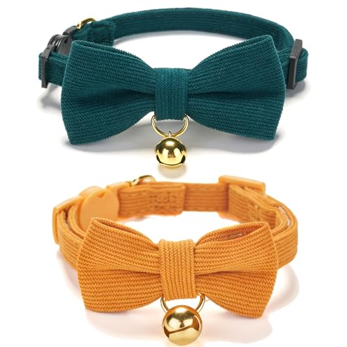 YUDOTE Ultraweiches Halsband Natürlicher Baumwollkord Hergestellt für Katzen mit Empfindlicher Haut, Sicherheits Katzenhalsbänder mit Schnellverschluss-Schnalle und Fliege,Grün und Orange 2er Pack von YUDOTE