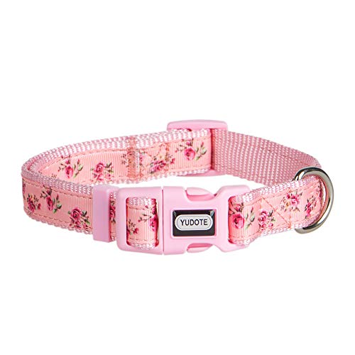 YUDOTE Verstellbares Rosa Nylon-Hundehalsband Klein mit Blume Gemustertem Band für Aktive Hündin Nackengröße 25-38cm von YUDOTE