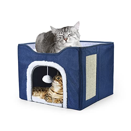 YUDOXN Faltbares Haus für Katzen mit Terrasse, zusammenklappbar, Höhle für Katzen und kleine Hunde, Flauschige Kugel zum Aufhängen und Kratzen (Blue) von YUDOXN