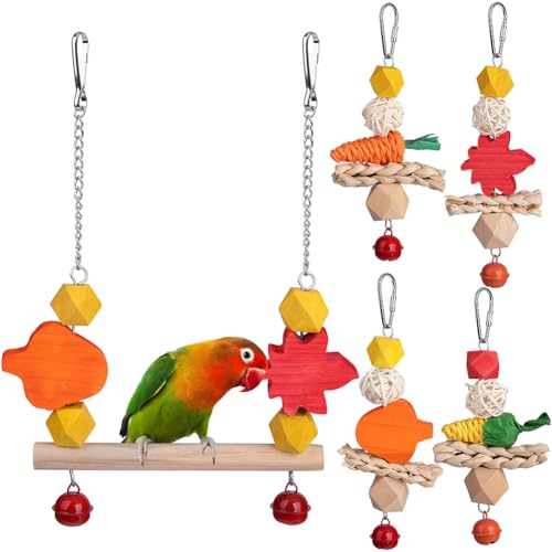 YUEMOOLIX Vogelspielzeug für Papageien, Kauspielzeug, mehrfarbig, Naturholzblöcke mit Glocken, für kleine und mittelgroße Vögel, Nymphensittiche, Sittiche, Sittiche, Wellensittiche, Wellensittiche, 5 von YUEMOOLIX