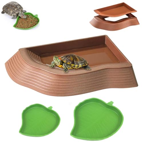 YUEMOOLIX Wasserschale für Schildkröten, mit Rampe, Blatt, Schildkröte, Wassernapf, Reptilien-Wasserschale, Amphibien, Lebensraum, Zubehör für Eidechse, Schildkröte, Hörnchen, Frosch, Braun, 3 Stück von YUEMOOLIX