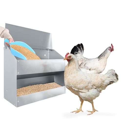 YUENFONG 15kg Hühner Futterautomat Automatischer Futterspender Feeder Hühnerfutterautomat mit Deckel, Wetterfester futtertrog aus Verzinkter, für Geflügel Enten Hühner von YUENFONG