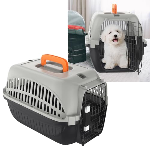 YUENFONG Transportbox Katzen 61x37x37cm Katzentransportbox für kleine Hunde, Tiertransporter aus ABS & PP Kunststoff Material, mit Metalltür & Napf, Grau und Schwarz von YUENFONG