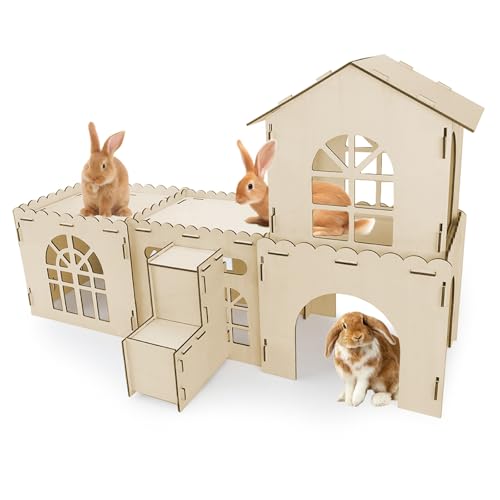 YUEPET Extra großes Kaninchenversteck aus Holz, abnehmbarer Hasentunnel, Hütte mit Rampe, Kleintierhäuser und Lebensräume für den Innen- und Außenbereich, Kaninchen, Meerschweinchen, Chinchilla von YUEPET