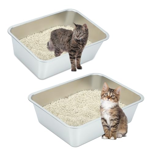 YUEPET Katzentoilette aus Edelstahl, antihaftbeschichtet, Metall, rostfrei, leicht zu reinigen, geeignet für Katzen, 45 x 34,8 x 15 cm, 2 Packungen von YUEPET