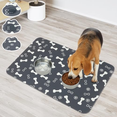 YUEPET Saugfähige Hundenapfmatte für Futter und Wasser, schnell trocknende Futtermatte für Hundenäpfe, leicht zu reinigen, Hundefuttermatten für Böden, Knochenaufdruck (48,3 x 30,5 cm) von YUEPET