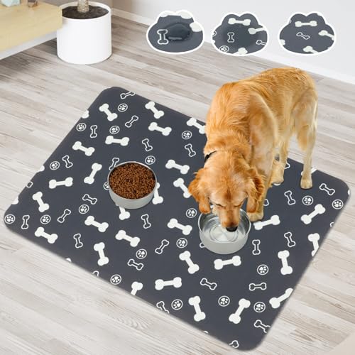 YUEPET Saugfähige Hundenapfmatte für Futter und Wasser, schnell trocknende Futtermatte für Hundenäpfe, leicht zu reinigen, Hundefuttermatten für Böden, Knochenaufdruck (88,9 x 58,4 cm) von YUEPET