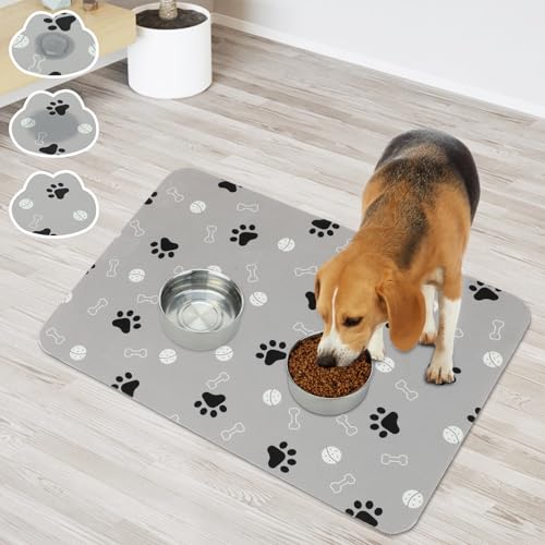 YUEPET Saugfähige Hundenapfmatte für Futter und Wasser, schnell trocknende Futtermatte für Hundenäpfe, leicht zu reinigen, Hundefuttermatten für Böden, Pfotenabdruck (58,4 x 40,6 cm) von YUEPET