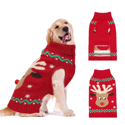 YUEPET Weihnachts-Hundepullover, Rentier-Schneeflocke, Weihnachts-Hunde-Outfit mit Loch, klassischer Rollkragen-Hundekleidung für große Hunde (L) von YUEPET