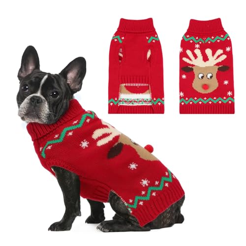 YUEPET Weihnachts-Hundepullover, Rentier-Schneeflocke, Weihnachts-Hunde-Outfit mit Loch, klassischer Rollkragen-Hundekleidung für mittelgroße Hunde (SM) von YUEPET