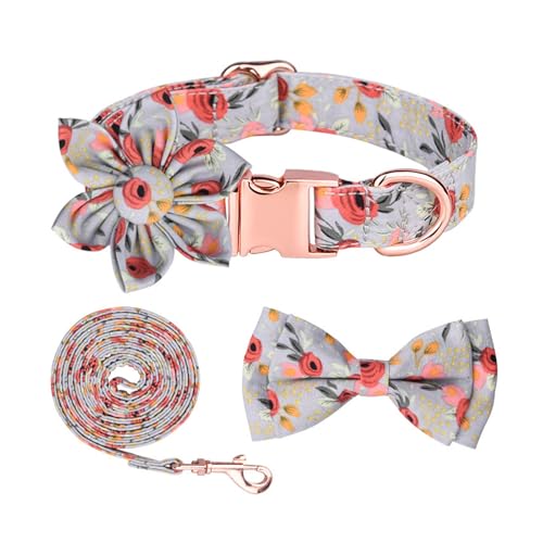 Hundehalsband und Leine, Set mit Fliege und Leine, niedliches Hundehalsband mit Blume, verstellbares Halsband für kleine, mittelgroße und große Hunde mit Metallschnalle Hundehalsband und Leine, Set mit Fliege und Leine, niedliches Hundehalsband mit Blume, verstellbares Halsband für kleine, mittelgroße und große Hunde mit Metallschnalle von YUEYINGMG
