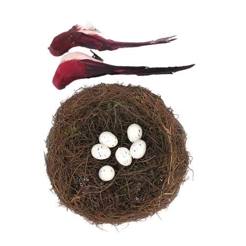 Vogelhaus-Korb-Set aus natürlichem Rattan, inklusive gefiederten Akzenten mit künstlichen Eiern, für den Frühling, Zuhause, Bühnenbildung, Fotografie, Requisiten, Osterbedarf von YUGSHNKFC