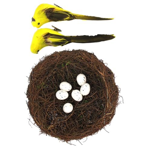 Vogelhaus-Korb-Set aus natürlichem Rattan, inklusive gefiederten Akzenten mit künstlichen Eiern, für den Frühling, Zuhause, Bühnenbildung, Fotografie, Requisiten, Osterbedarf von YUGSHNKFC