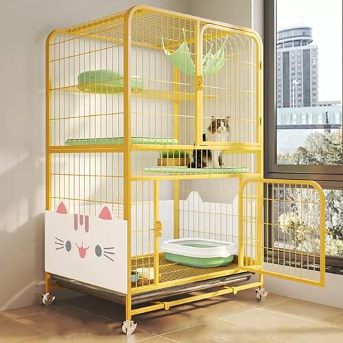 2/3-stöckiger Katzenkäfig, Katzengehege mit Katzentoilette und Rad, DIY-Katzenlaufstall mit Hängematte, Rampenleitern und Spritzwassergeschützter Katzenstreu-Abschirmung (Color : Giallo, Size : 34x2 von YUGXTH