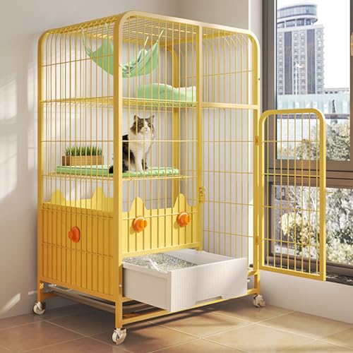 2/3-stöckiger Katzenkäfig, Katzengehege mit Katzentoilette und Rad, DIY-Katzenlaufstall mit Hängematte, Rampenleitern und Spritzwassergeschützter Katzenstreu-Abschirmung (Color : Giallo, Size : 31x2 von YUGXTH