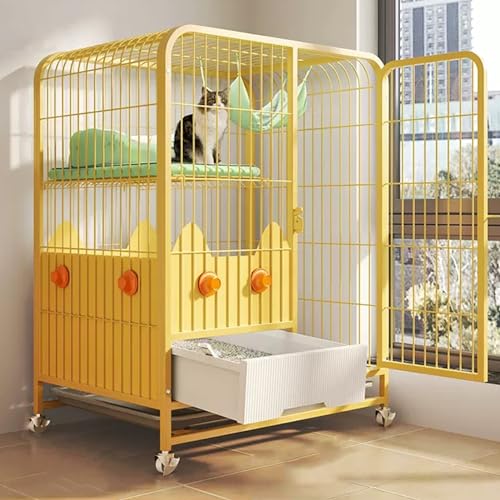 2/3-stöckiger Katzenkäfig, Katzengehege mit Katzentoilette und Rad, DIY-Katzenlaufstall mit Hängematte, Rampenleitern und Spritzwassergeschützter Katzenstreu-Abschirmung (Color : Giallo, Size : 31x2 von YUGXTH