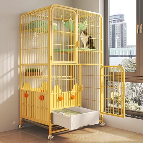 2/3-stöckiger Katzenkäfig, Katzengehege mit Katzentoilette und Rad, DIY-Katzenlaufstall mit Hängematte, Rampenleitern und Spritzwassergeschützter Katzenstreu-Abschirmung (Color : Giallo, Size : 31x2 von YUGXTH