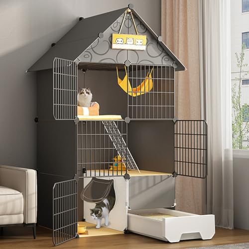 Großer Katzenkäfig mit Katzentoilette, Katzengehege mit 2/3 Ebenen, DIY-Katzenlaufstall, Haustierlaufstall mit Dichtem Metalldraht, Katzenhaus, für 1-3 Katzen ( Size : A-29.5*15.4*55.9"/75*39*142cm ) von YUGXTH