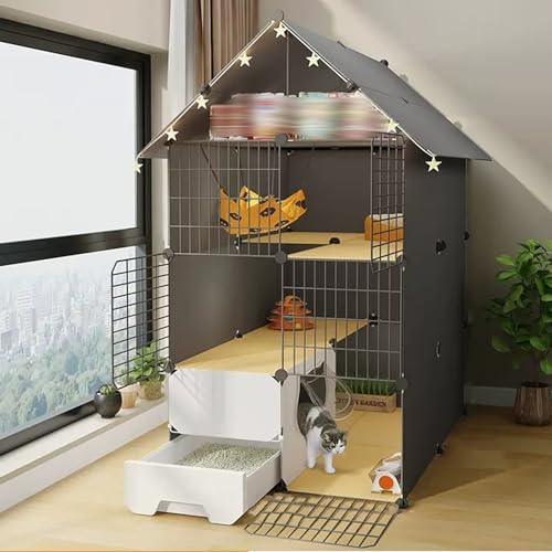 YUGXTH Katzenkäfig mit Katzentoilette, DIY-Katzenlaufstall mit Aufbewahrungsregal, Katzengehege für Den Innenbereich mit Leitern, Abnehmbare Metalldrahthütten, Separate Toilette ( Size : 29.5*29.5*57" von YUGXTH