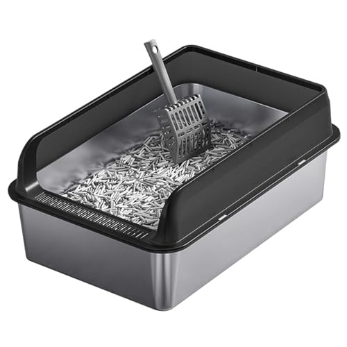 Cat Litter Tray Extra Large,Edelstahl,15cm niedrige Schwelle,hohe Seitenverkleidung,mit Filterpedal,rutschfeste Füße am Boden,leicht zu reinigen,mit Schaufel,60x40x25cm (Black) von YUHANG