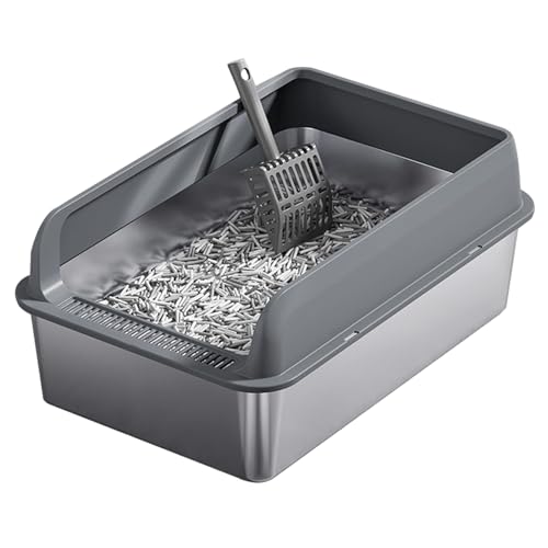 Cat Litter Tray Extra Large,Edelstahl,15cm niedrige Schwelle,hohe Seitenverkleidung,mit Filterpedal,rutschfeste Füße am Boden,leicht zu reinigen,mit Schaufel,60x40x25cm (Dark Grey) von YUHANG