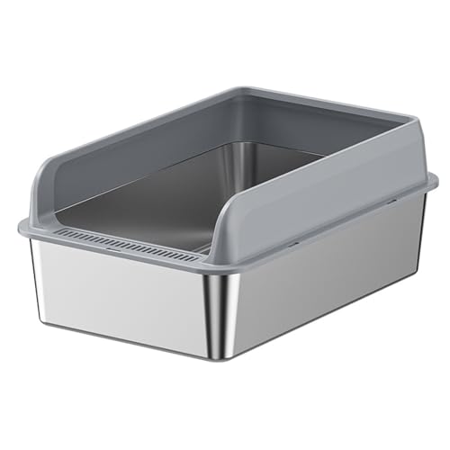 Cat Litter Tray Extra Large,Edelstahl,15cm niedrige Schwelle,hohe Seitenverkleidung,mit Filterpedal,rutschfeste Füße am Boden,leicht zu reinigen,mit Schaufel,60x40x25cm (Light Grey) von YUHANG