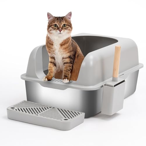 Edelstahl-Cat Litter Tray,mit Streuschaufel (inkl. Aufbewahrungsbox),Streufilterpedal, hohem Seitenzaun,Rutschfester Bodenmatte und leicht zu reinigen,60,8x40,8x29,3cm von YUHANG