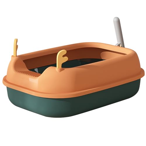 Halbgeschlossene Cat Litter Tray,Gebogene Hohe Seite,Filterpedal,Glatter Boden Für Einfache Reinigung,Mit Hängendem Streuschaufel,51x36x17cm (orange-Green) von YUHANG