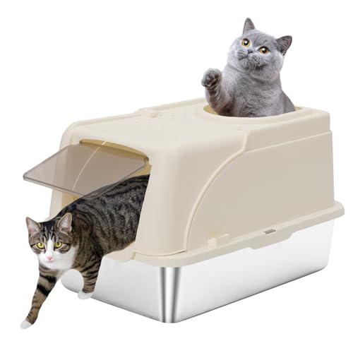 Katzenklo Edelstahl mit Deckel, XXL Katzenklo Große Katzentoilette Edelstahl aus für Große Katzen mit Hohem Rand, Metal Cat Litter Box, Nicht Klebrig (weiß) von YULEYU
