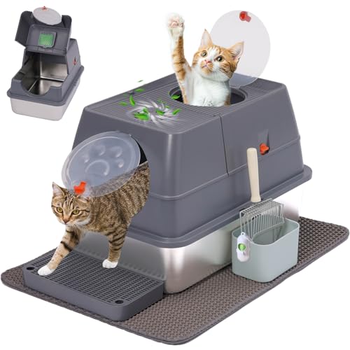 Katzentoilette Aus Edelstahl, Geschlossen Extra große Katzentoilette Für Mittelgroße Und Große Katzen, Nicht klebend, auslaufsicher, leicht zu reinigen (Grau) von YULEYU